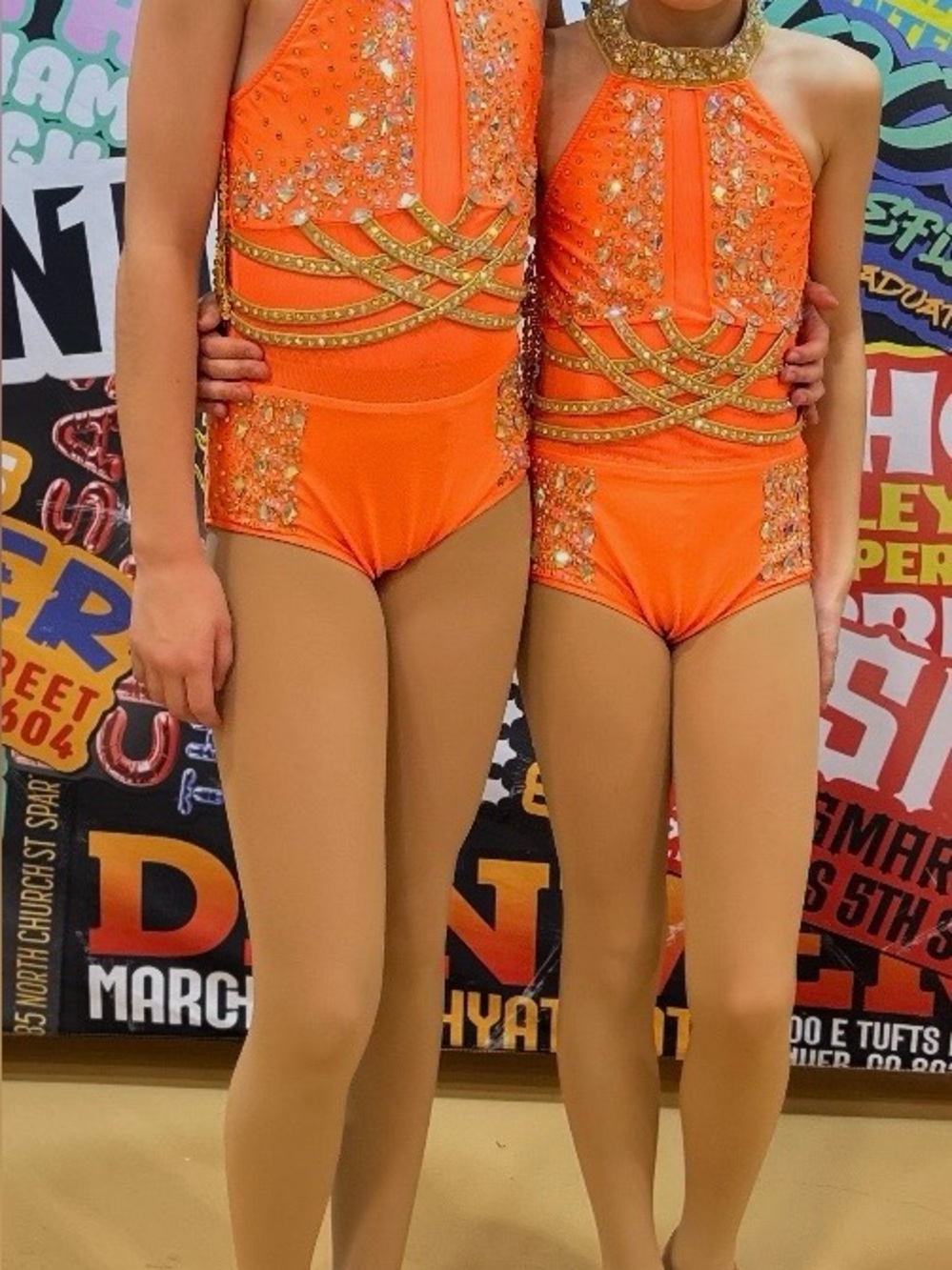 Glamour DUET Orange Gold-Embellished Halter One-Piece Dance Bodysuit